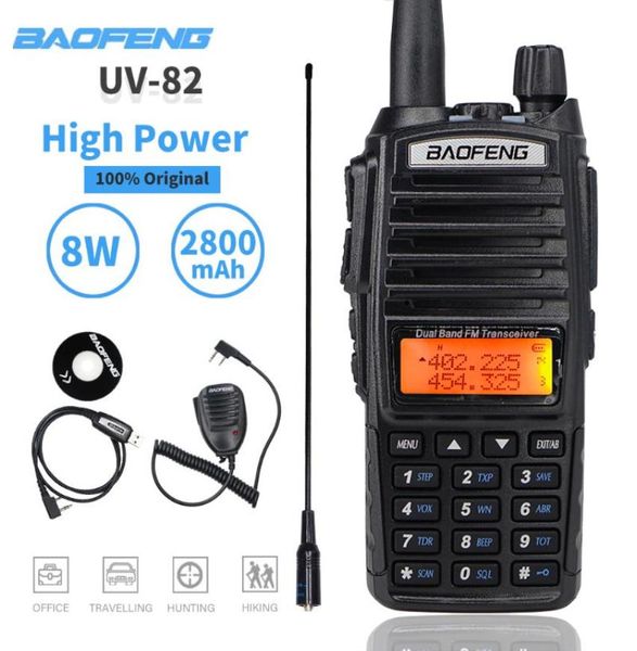 Walkie talkie baofeng uv82 8w banda dupla transceptor fm uv82hp rádio em dois sentidos de alta potência uv 82 amador caça presunto cb uv823510079