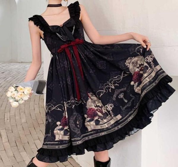 Victorian Vintage Lolita Kleid Nightingale und Rose Black Gothic Dark Princess Party Robe Frauen ärmellose Kleider Vestidos 2106027124424