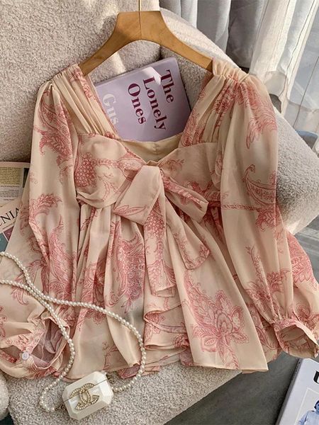 Blusas femininas verão floral impressão chiffon blusa para mulheres coreano doce gola quadrada arco manga longa topos beachwear férias boho