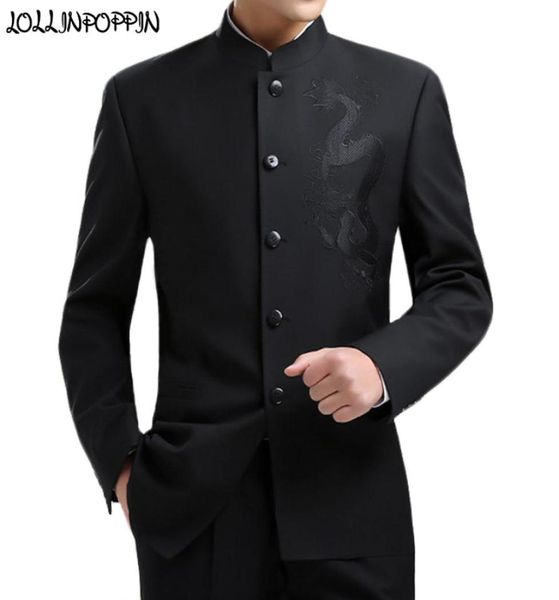 Drachen Stickerei Männer Chinesischen Stil Tunika Anzug Jacke Mandarin Stehkragen Neue 2020 Kung Fu Mantel Einreiher Schwarz LJ2009237242366