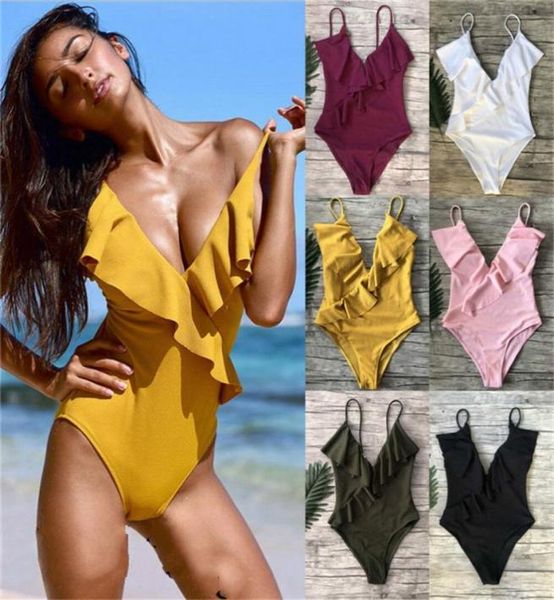 Amarelo sólido maiô falbala com decote em v babado sexy monokini 2020 senhoras praia maiô swimwear4712013