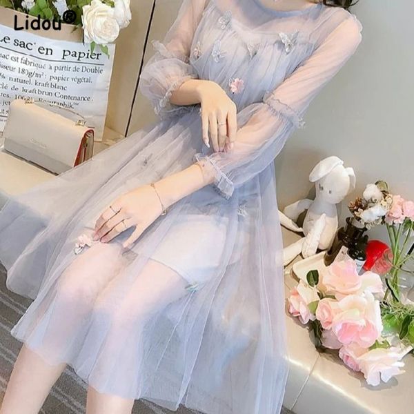 Vestidos vestido gaze manga longa de verão moda chiffon cor sólida saia aline sweet esbelta refrescante vestido puro e fofo roupas femininas 2022