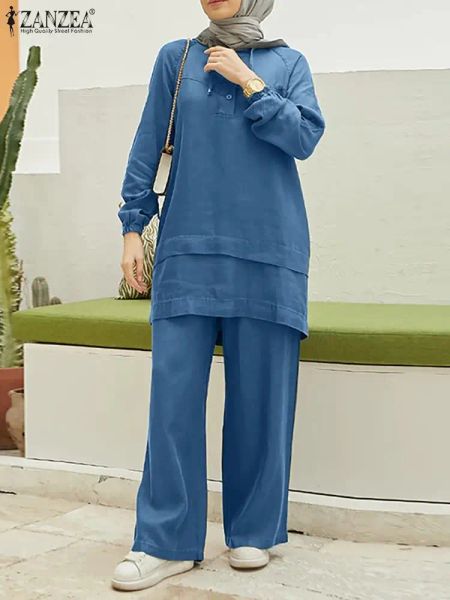 Одежда Zanzea Fashion Tracksuits Мусульманские брюки наборы модные джинсы 2 куски с длинным рукавом блузки женские наряды Турция Абая