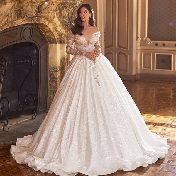 Abito da sposa a trapezio con collo trasparente in pizzo lucido, maniche lunghe, perline, applicazioni sul retro, con bottoni, abiti da sposa personalizzabili