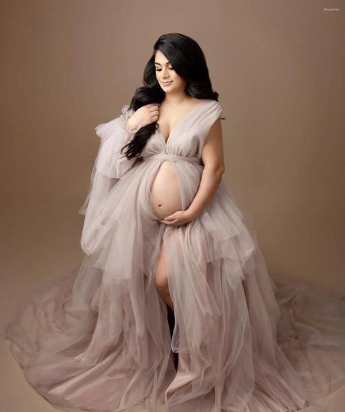 Partykleider Elegante Mutterschaft für Babyshower V-Ausschnitt Tüll Hochwertiges Kleid Pografie Outfit Schwangerschaft Frauen Langes Kleid