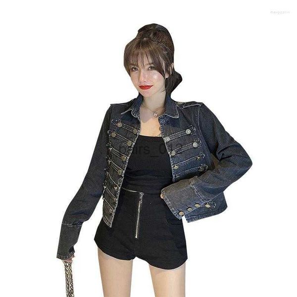 Jaquetas femininas jaquetas estilo militar colar bonito denim feminino curto outerwear 240305