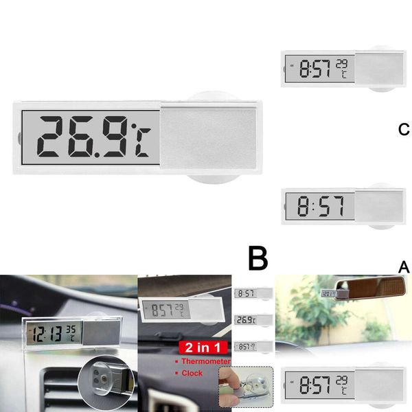 Novo display lcd 2 em 1 para automóvel, tipo ventosa, portátil, interior do carro, termômetro, relógio transparente, acessórios, ornamento l1f8