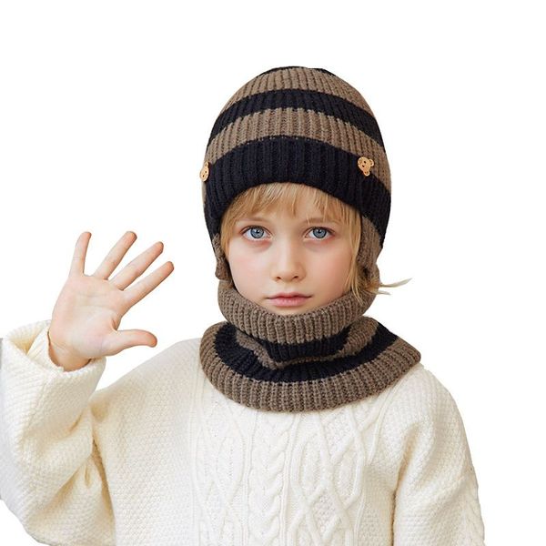 Set sciarpa invernale per bambini a righe, berretto, cappello caldo, set sciarpa, copri collo, in pile, spesso, protezione da sci, copriorecchie con cappello di lana, accessori moda