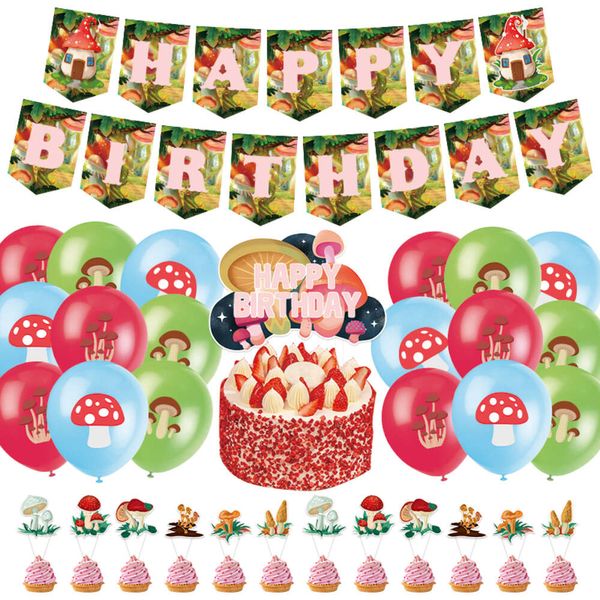 Nuove decorazioni della giungla Banner di buon compleanno Cake Topper Palloncini Funghi Forniture per feste a tema per bambini