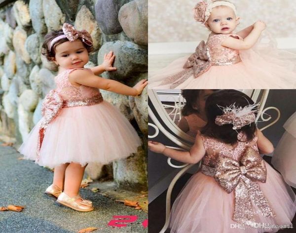 Bebê infantil criança vestidos de festa de aniversário blush rosa rosa ouro lantejoulas laço tripulação pescoço chá comprimento tutu casamento flor menina dre2440360