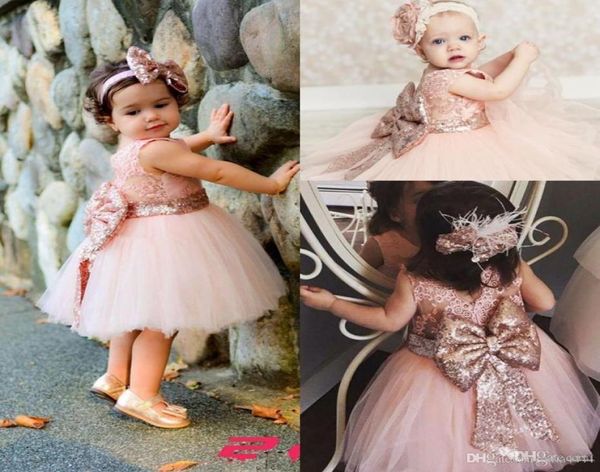 Baby Kleinkind Kleinkind Geburtstag Party Kleider Erröten Rosa Rose Gold Pailletten Schleife Spitze Rundhals Tee Länge Tutu Hochzeit Blumen mädchen Dre2440360