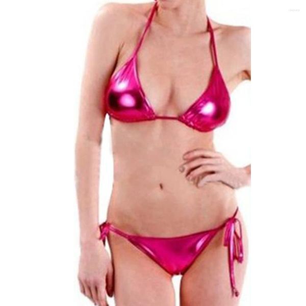 Set di reggiseni Set bikini da spiaggia per donna Set sexy effetto bagnato Reggiseno in ecopelle perizoma Mutandine Costume da bagno Intimo con lacci 2 pezzi Lingerie erotica