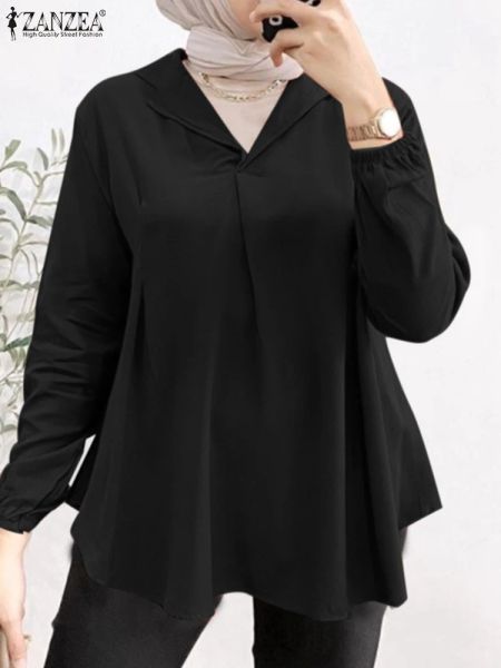 Top Donna Camicetta musulmana ZANZEA Camicia estiva a maniche lunghe con scollo a V Top Elegante Abaya Ramadan Blusas Turchia Caftano Abbigliamento islamico