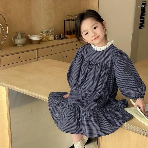 Abiti da ragazza Ragazze Abito casual Coreano Bambini Lattice Moda Maniche lunghe Fiore Bordo Colletto Foglia di loto Causale 2024