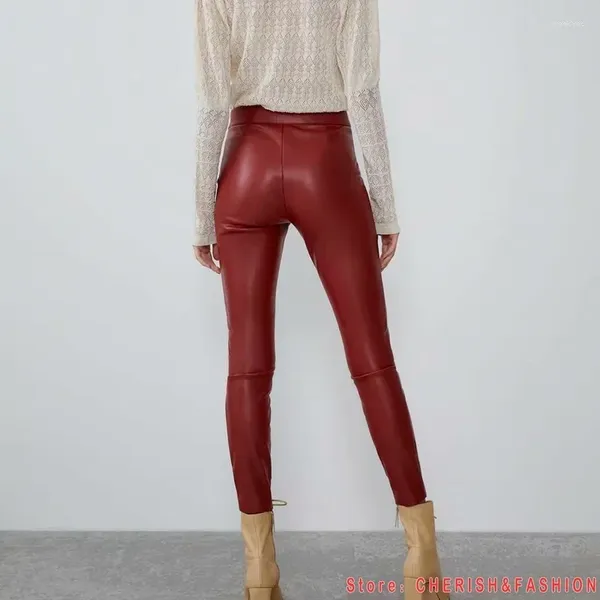 Kadın Pantolon Kadın Yüksek Wasit Faux Deri Pantolon Moda Sonbahar Kış Lady Beyaz Kırmızı Siyah Polar Pu Zippers Kalem Sıska Stretc