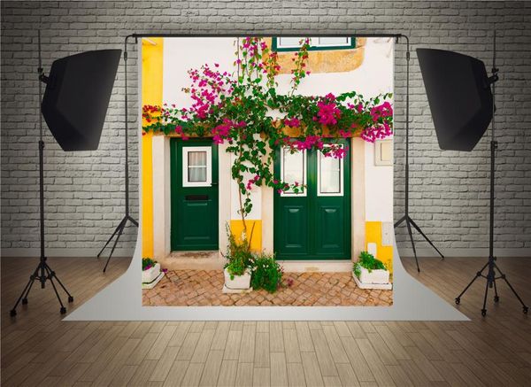 5x7ft150x220cm Свадебные фоны для фотосъемки Весенние фоны с природными пейзажами Зеленая дверь Красные цветы Фон для свадьбы9046208