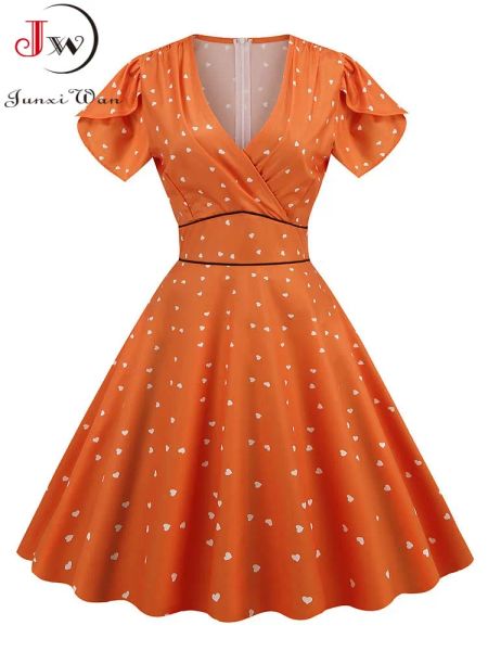 Kleiderdruck Sommer Frauen Vintage Kleid Retro Pin up Casual Party Robe 60er 50er Jahre Swing Sundress Short Sleev gegen Hals Midi Vestidos