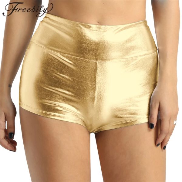 Shorts feminino ouro cintura alta dança shorts metálico ouro ginástica shorts adulto shorts meninas desempenho de palco inferior