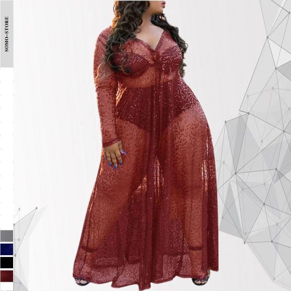 Kleider 5xl Plus Size Kleidung Sexy Schwarz Durchsichtiges Kleid Paillettenteil Langarm Maxi Damenkleider Transparent Club Wear Großhandel