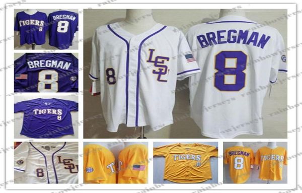 Бейсбольные майки колледжа LSU Tigers # 8 Алекса Брегмана фиолетового, золотого, желтого, белого цвета S-4XL5902379