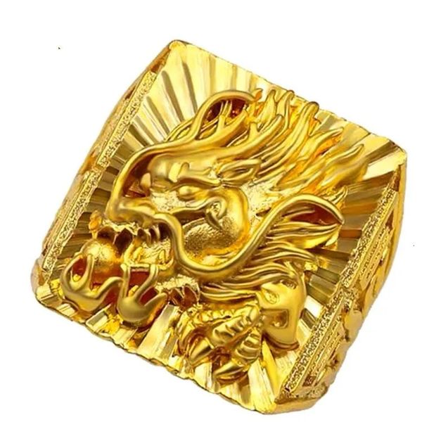 Real 100 puro 24k cor de ouro em relevo anel de dragão para homens bro acessórios jóias finas presentes oro 24 k melhores anéis grossos 240228