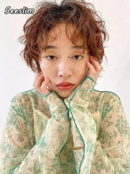 Mulheres Camisetas Seeslim Impressão Floral Ver Através de Malha Tops Camisa de Manga Longa Roupas Femininas Y2K Tee Femme 2024 Verão Coreano Moda Chic