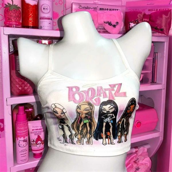 Camis feminino recortado 2000s estética 2022 verão y2k topos roupas vintage dos desenhos animados bratz padrão impressão colheita topo sexy espartilho haut femme