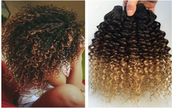 Три тона 1B427 Kinky Curly Ombre Наращивание человеческих волос 3 шт. Темно-коричневый до медового блонда Ombre Пучки человеческих волос 8777154