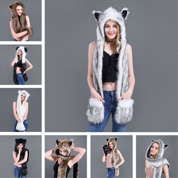 3 In 1 Damen Herren Flauschiges Plüschtier Wolf Leopard Kapuzenschal Mütze mit Pfoten Fäustlinge Handschuhe Verdicken Winter Warm Earflap Bomber Cap 2310r