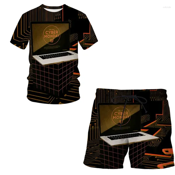 Tute da uomo 2024 Abito estivo Casual a maniche corte Divertimento Stampa 3D Tecnologia mobile O-Collo T-shirt hip-hop Pantaloncini Set a due pezzi