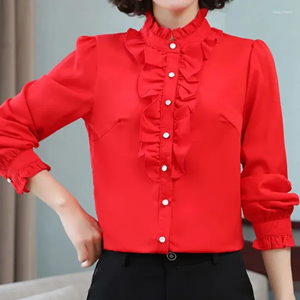 Kadın bluzları kadın giyim düz renkli patchwork düğmeleri pilili kırmızı uzun kollu bahar sonbahar ince ofis bayan basitlik resmi