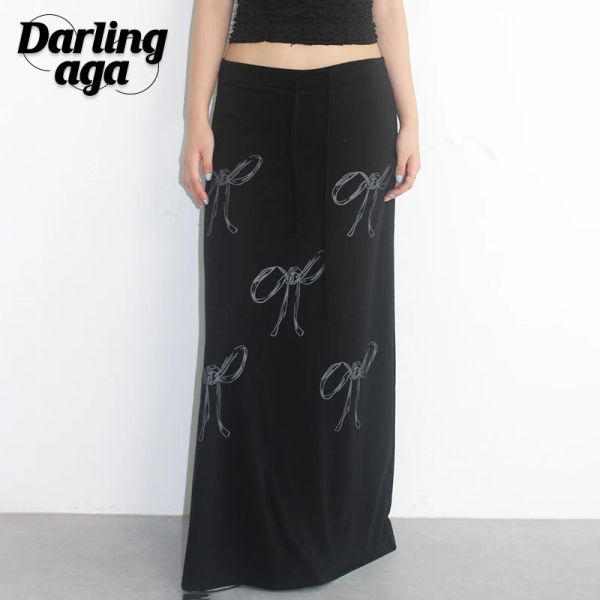 Юбка Darlingaga Harajuku, низкая длина, длинная юбка на шнурке, женская готическая, темная, с бантом, прямые свободные макси-юбки с принтом Y2K, корейский низ