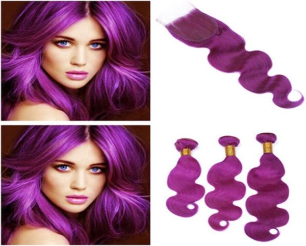 Объемная волна фиолетового цвета 4x4 кружевная застежка с 3 пучками Дешевые малазийские фиолетовые наращивания утка из человеческих волос с застежкой4601812