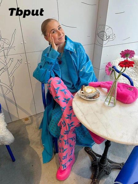 Damen Lederjacken Blau Herbst im Stil mit Gürtel 2024 Mode Reverskragen Langarm bedruckt Streetwear Windjacke