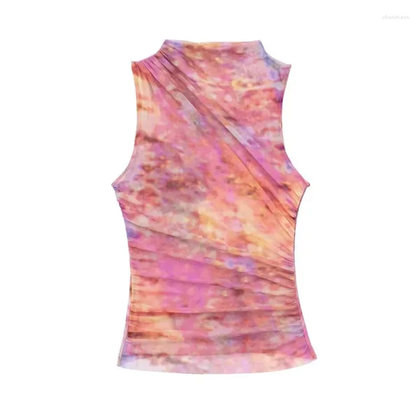 Frauen Tanks 2024 Sommer Französisch Tüll Vintage Druck Falten Dekoration Kurzen Stil Top Stehkragen Ärmellose Mode Weste