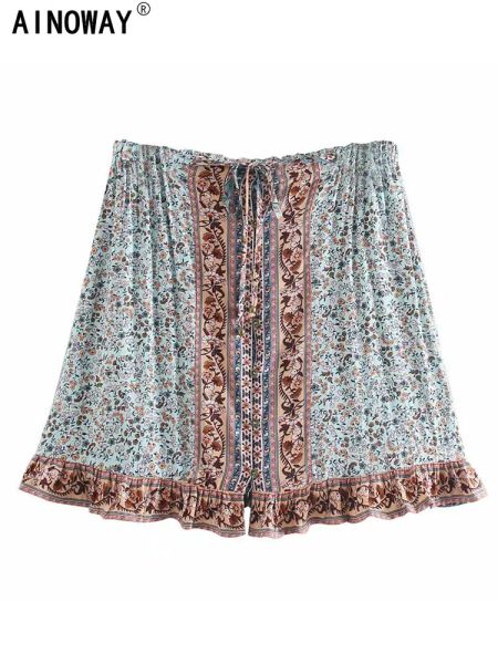 Saia vintage chique moda hippie feminino elegante boho saia costura boêmio floral pavão impresso mini saias femininas oversize