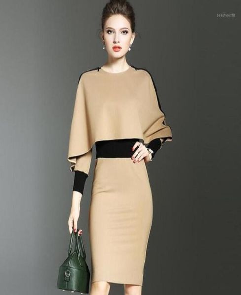 Mode Elegante Frauen Kleid Anzug Arbeit Büro Dame Formale Business Tragen Bodycon Schlank Vintage Cape Mantel Zwei Stück Set Outfit9297077