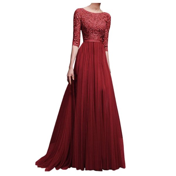 Abito da donna abito formale abiti da sposa vintage vino rosso abiti da festa da sera prom mezza manica arrivo pizzo scava fuori maxi abiti