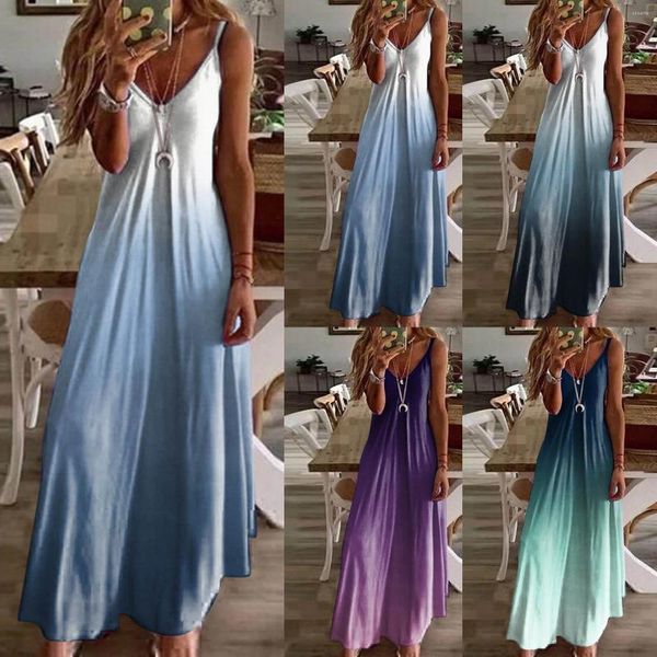 Lässige Kleider Sommer Boho Maxikleid für Frauen V-Ausschnitt ärmellose lange Robe Mode Farbverlauf Swing 2024 Urlaub Strand Sommerkleid