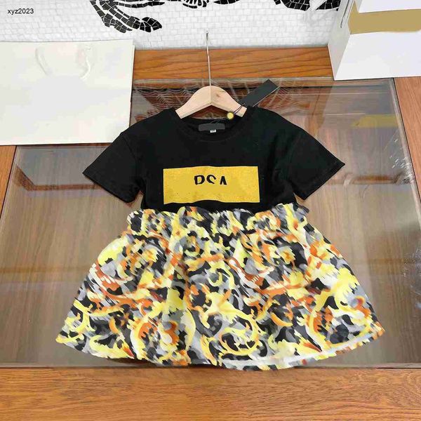 Mode Mädchen Kleider golden gemusterte Druckprinke Prinzessin Kleid Baby Rock Größe 100-160 cm Kinder Designer Kleidung Sommerkinderkleid 24mar