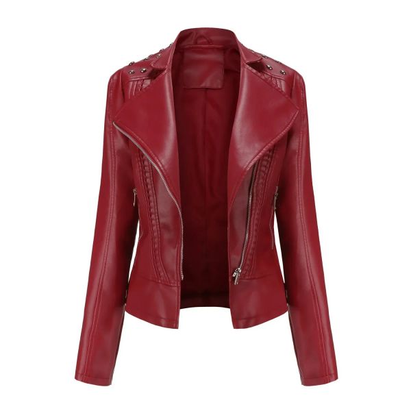 Jacken Damen Moto Biker Reißverschlussjacke Niet 2023 Herbst Kunstlederjacke Damen Mantel Neu Frühling Rosa Braun Weinrot Lila Schwarz XS