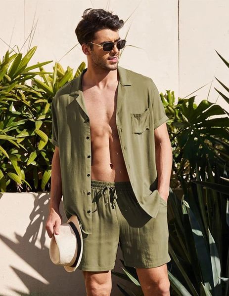 Tute da uomo Camicia estiva in cotone e lino Set da uomo Casual Outdoor Abito in 2 pezzi Andhome Abbigliamento Set da spiaggia traspirante a maniche corte