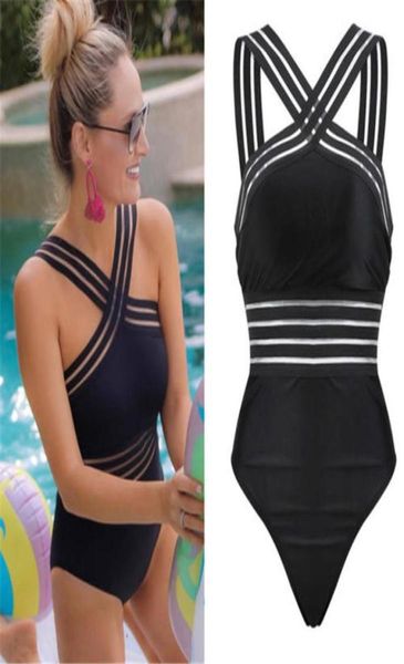 Moda Sexy One Piece Swimsuit Women High Neck Bandagem Cruz Back Neck Monokini Black Swimwear Mulheres Ternos de banho Sadação S1343978