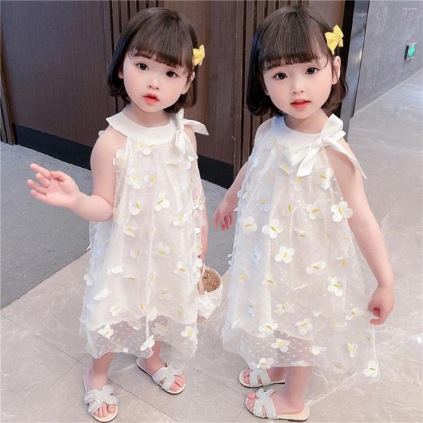 Vestidos de menina verão crianças meninas roupas flor rendas bordado lindo vestido criança bebê halter malha tule para 0-6 anos