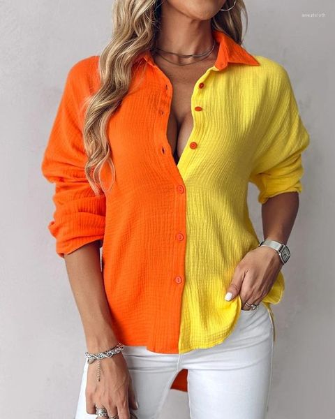 T-shirt da donna Camicia 2024 Primavera Estate Autunno Colorblock Allentato Casual Button Down Colletto rovesciato Camicette Top Elegante