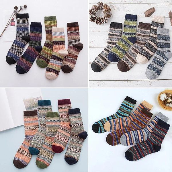 Herrensocken 5 Paar/hochwertige Vintage-Wolle, dick und warm, Ethno-Stil für Herren