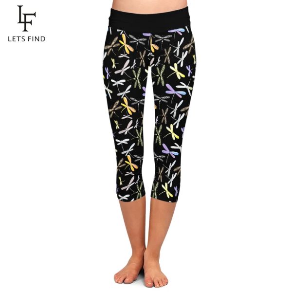 Leggings Letsfind cintura alta feminina leggings 3d libélula impressão capri leggins verão macio fitness midcalf 3/4 calças elásticas