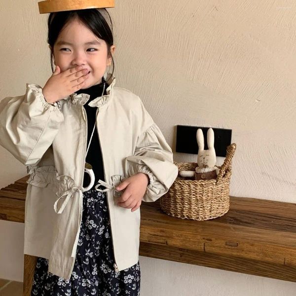 Jaquetas meninas casaco 2024 outono crianças boutique roupas coreano moda renda colarinho casual cordão zíper cor sólida simples