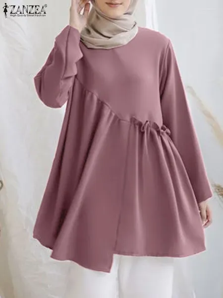 Roupas étnicas Elegantes Sólidos Tops Islâmicos Zanzea Moda Muçulmana Blusa Mulheres Manga Longa Flounce Hem Camisa Ramadan Blusas Chmeise 2024