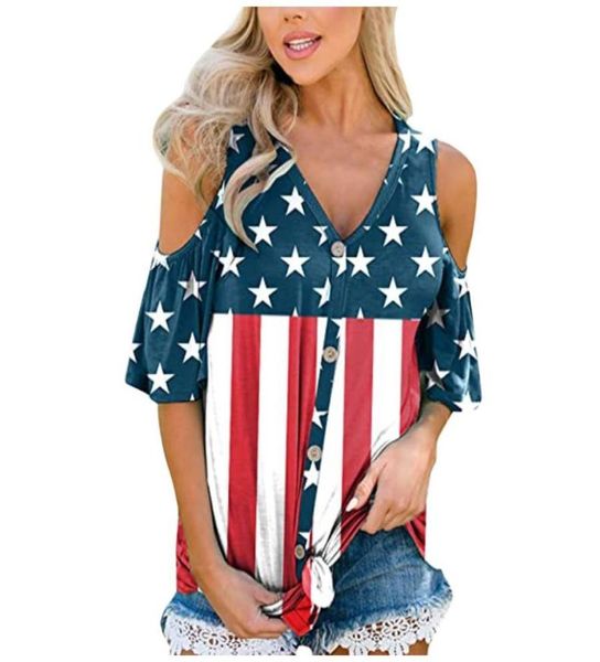 Women039s TShirt Damen T-Shirts Cold Shoulder Tee Tops Patriotic American Flag Stripes Star Button Vneck Femme Polera G22283403